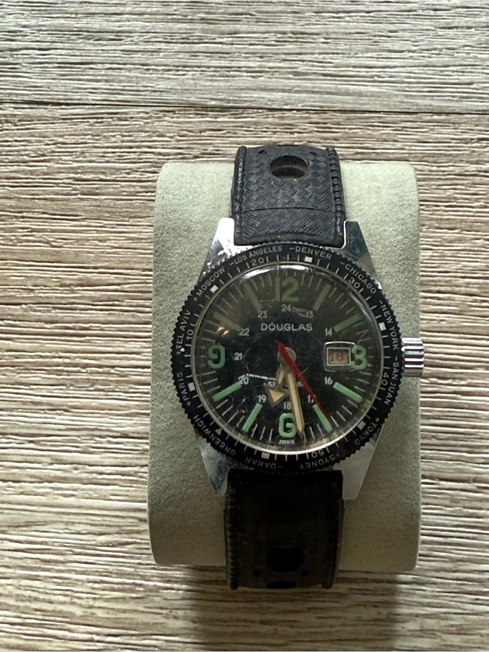 1960s Douglas Vintage Pilot Style Watch — Black Dial with Green Accents (parts)